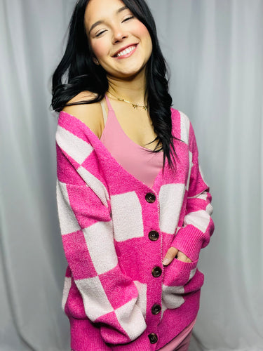 Pink Is Chic Checkered Sweater Cardigan